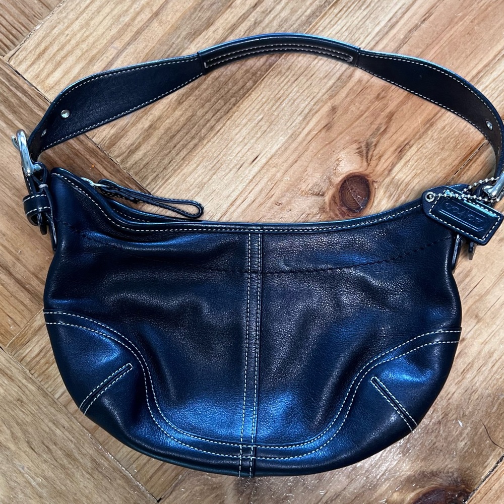 Vintage Coach Black Leather Hobo Shoulder Bag - White Stitching